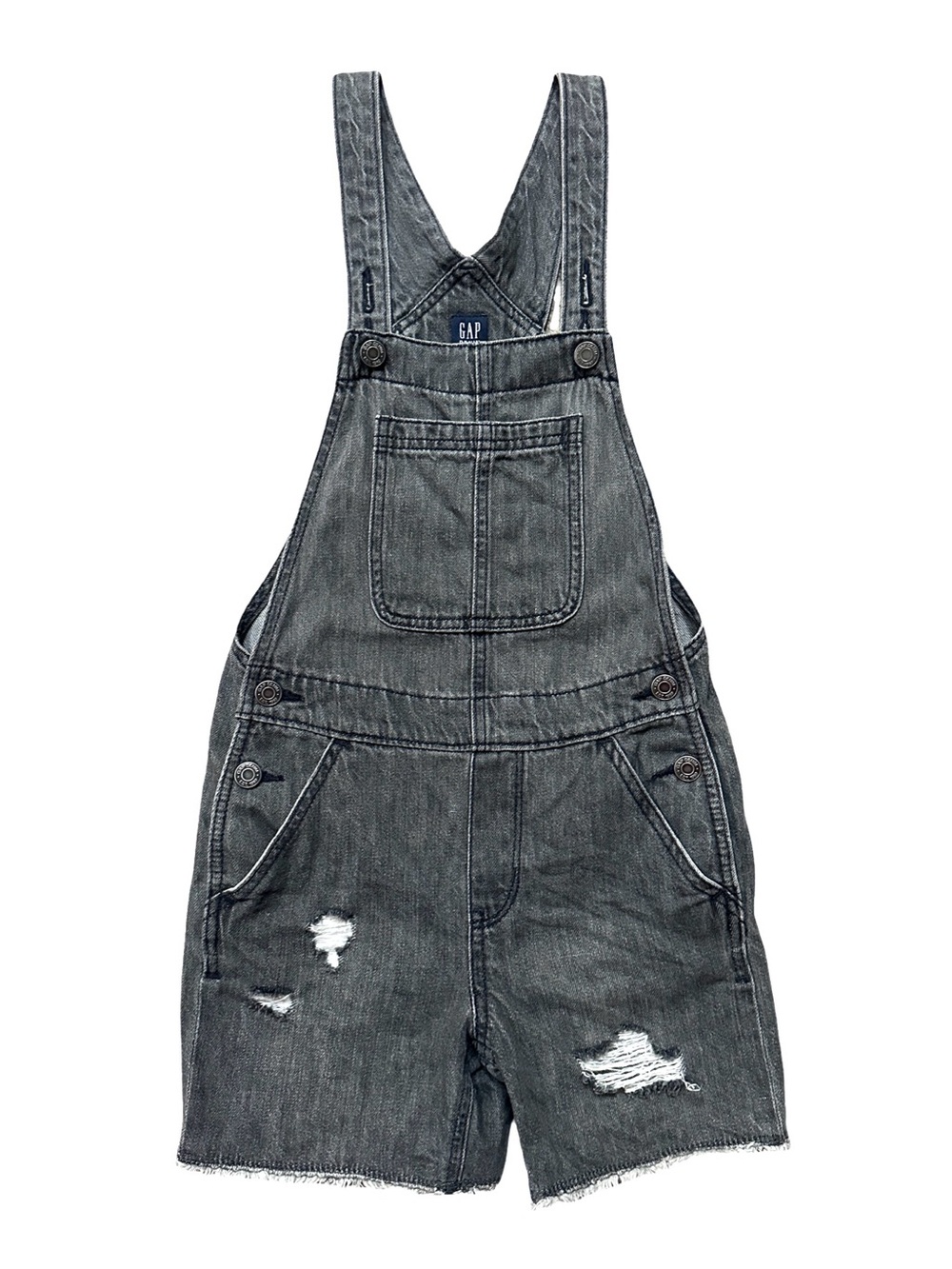 GAP Kids Denim Gray Jean Overalls Distressed Shorts Adjustable Straps M 8-9